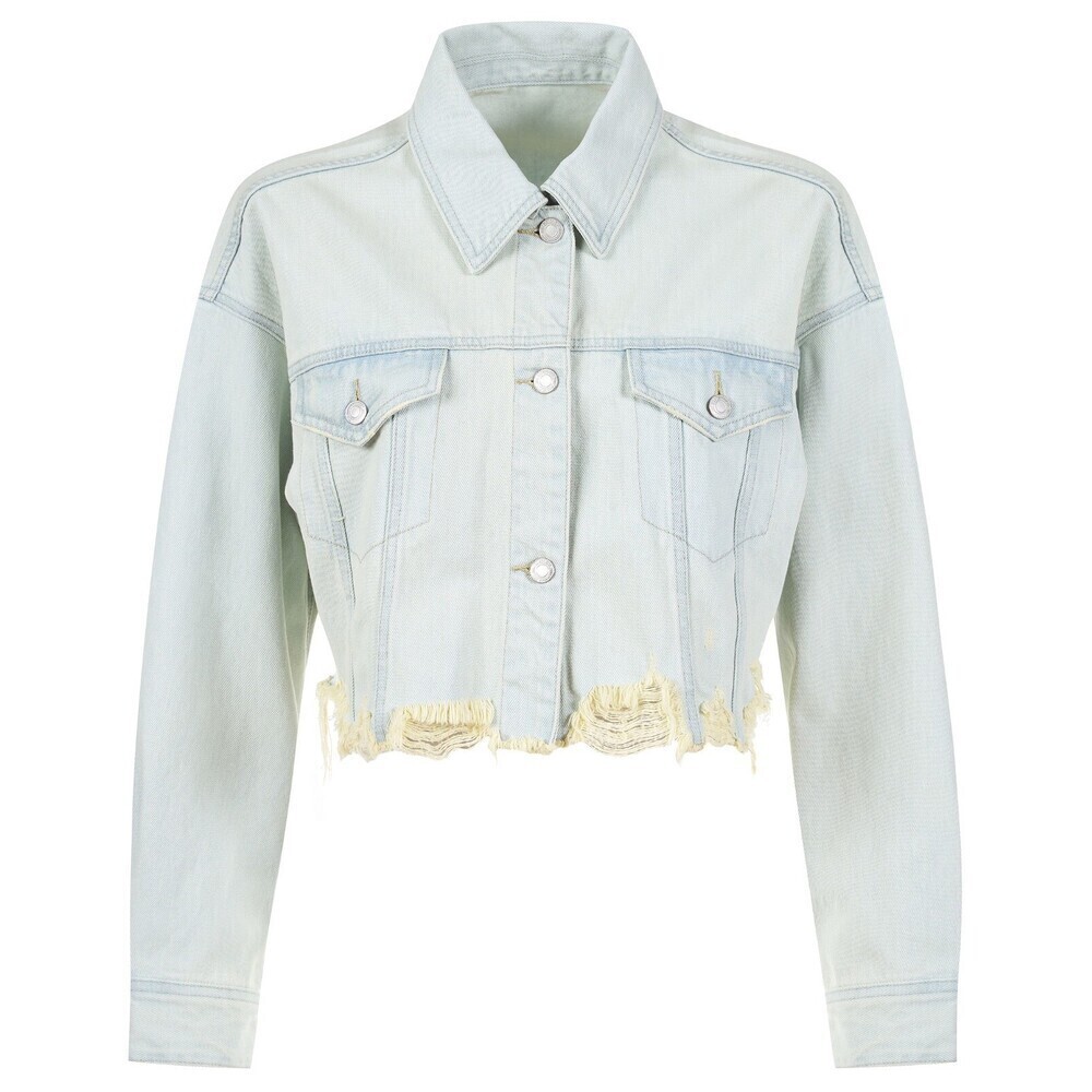 Mo & Co Maia Destroyed Look Cropped Denim Jacket In Light Blue Size XL $340